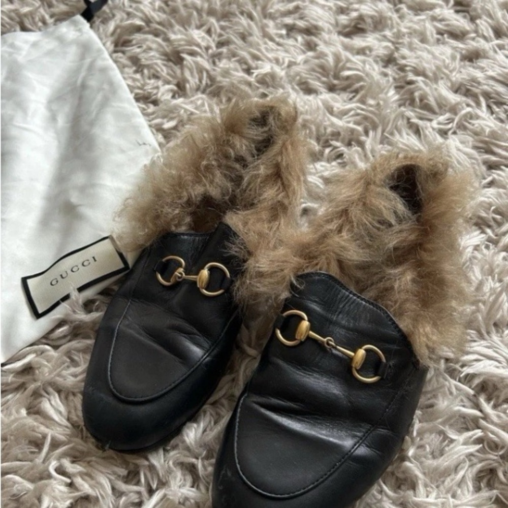 Gucci Black Leather Mules with Fur Lining